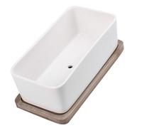 Abaodam Ceramic Oblong Flower Pot Planter White with Bamboo Tray Sturdy and Practical Synthetic Material and Ceramic Pot with Elegant Design for Home and Office