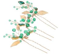 Abaodam Crystal Bridal Hair Pins Set 3 Pcs Emerald Green Rhinestone Gold Leaf U Shaped Hair Stick for Wedding Updo and Bridesmaids