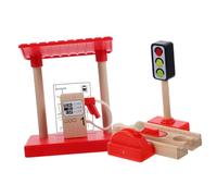 Abaodam Educational Wooden Train Station Accessories with Liftable Roadblock and DIY Gas Station Model Interactive Train Track Add Imaginative Play and Skill Development