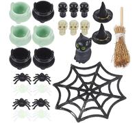 Abaodam Halloween Miniature Kit Witch Dollhouse Accessories with Skulls Spider Webs Witch Caps Broom Cauldron 3.15 Inch Miniatures for Halloween Party Decoration