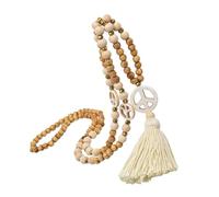 Abaodam Handmade Wooden Bead Necklace for Women with Long Tassel and Macrame Peace Sign Pendant, Stylish Autumn Winter Pendant Chain, Boho Beaded Neck Accessory