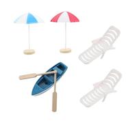 Abaodam Miniature Beach Style Decoration Sand Tray Ornament with Umbrellas Chairs and Blue Boat for Fairy Garden and Home Desktop Micro Landscape
