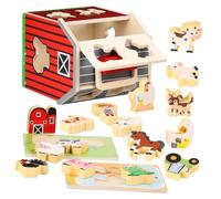Abaodam Montessori Wooden Farm Animal Play Set for Age Natural Wood Barn with Figures Enhances Hand-eye Coordination and Visual Development Educational Preschool Learning Activity