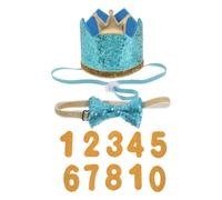 Abaodam Pet Birthday Party Outfit 3pcs Set for Small Dogs - Blue Sequin Crown Hat, Adjustable Bowtie, and Gold Number Accessory - Puppy Celebration Hat for Dog Birthday Supplies