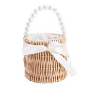 Abaodam Straw Woven Shoulder Bag with Drawstring for Women | Handmade Pearl Detail, Wood Plastic Fabric Mix, Khaki round Shape, Simple Holiday Party Photo Prop