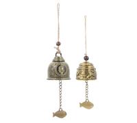 Abaodam Traditional Wind Bell Set 2Pcs with Retro Chinese Buddhist Head and Double Fish, Metal Hanging Wind Chimes for Garden, Balcony and Meditation Spaces