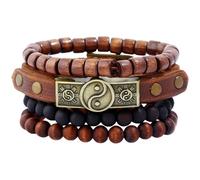 Abaodam Vintage Boho Leather and Wood Bead Bracelet Set, 4Pcs Stackable Bracelets for Women, Multi-Layered Aesthetic Jewelry for Casual Outings