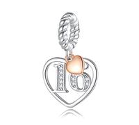 ABAOLALA Number 10,16,18,20,21,30,40,50,60 Years of Love Cubic Zirconia Charm in 925 Sterling Silver,Number Pendant with Rose Gold Heart ,fit Pandora Style Bracelet (16)