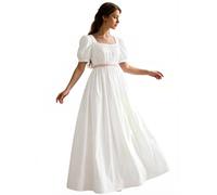 ABaoWedding Regency Dresses for Women Victorian Tea Gown Dress with Satin Sash Vintage Ball Gown Ruffle Puff Sleeve, White, XXL