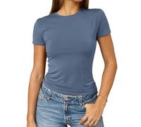 Abardsion Women's Casual Basic Going Out Crop Tops Slim Fit Short Sleeve Crew Neck Tight T Shirts, Haze Blue, L