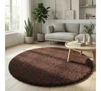 Abaseen Oxford Plain Soft Thick Shaggy Living Room Round Rug, Brown, 120cm