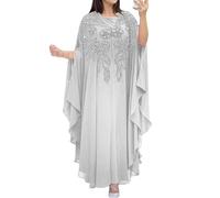 Abaya Dress for Women Muslim Kaftan Dresses Batwing Sleeved Beaded Chiffon Embroidered Elegant Maxi Kaftan Dress Dubai Moroccan Caftan Ramadan Party Wear White