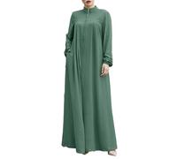Abaya for Women Ethnic Style Long Sleeve Stand Collar Full Length Zip Front Muslim Dress Plain Loose Fit Comfy Islamic Prayer Dresses with Pockets Green