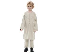 Abaya Kids - Boy'S Muslim Arabic Kaftan Set Long Sleeve Youth Boys' Solid Color Robe Suit Thobe National Costume Middle Teenage Boys Embroidered Robe Suit Arab Children'S Wear (Beige 5-6 Years)