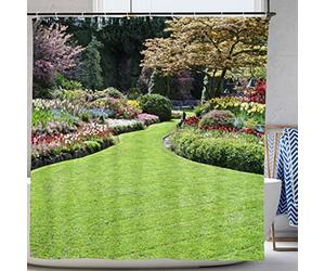 Abaysto Shower Curtain 3D Garden View Flowers Trees Outdoor Nature Scenery Waterproof Cloth Fabric Bathroom Decor Set with Hooks 180x180cm