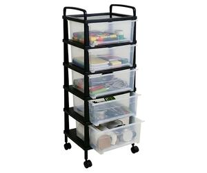 ABBAware Space-Saving 5-Tier Plastic Drawer Tower | Mobile Storage Cabinet on Wheels | Clear Drawers & Black Frame, Multi-Use Organiser