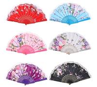 Abbdbd 6 Pcs Folding Hand Fan Chinese Decorative Handheld Fabric Fans with Flower Patterns for Line Dancing Wedding Church Party