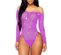 Abberrki Women Sexy Mesh Bodysuit Fishnet Sparkle Rhinestone Teddy Lingerie Halloween Rave Sheer Outfit, Purple, One Size