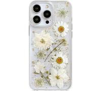 Abbery for iPhone 16 Pro Max Case Clear Glitter with Real Pressed Flower Design Women Girly Cute White Floral Sparkly Gold Stylish Aesthetics Slim Thin Soft TPU Shockproof Protective Phone Cover