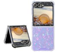 Abbery for Samsung Galaxy Z Flip 5 5G Case Clear with Design, Cute Floral Glitter Sparkle TPU & PC Transparent Dried Real Pressed Flower Aesthetic Case for Women Girls (Holo Shell)