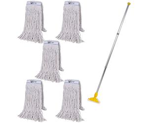 Abbey Heavy Duty Professional Kentucky Mop Handle and Holder with 5 Kentucky Mop Heads (450g) -Industrial Mop Colour Coded to avoid Cross Contamination -Commercial Mop for Cleaning Hard Floors Yellow