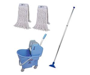Abbey Professional Heavy Duty Kentucky Mop Handle and Bucket with two 450g Kentucky Mop Heads - Commercial Mop and Bucket Set for Cleaning Hard Floors - Kentucky Mop Bucket 25 - Blue