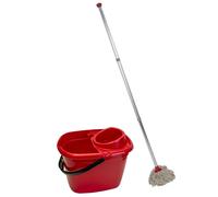 Abbey Professional Mop and Bucket Set Heavy Duty with Wringer and Two Traditional Cotton Mop Heads for Cleaning Floors - Strong Aluminum Mop Handles - Mop Bucket Capacity 12L with Pouring Lip (Red)