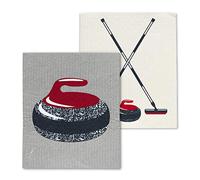 Abbott Collection 84-ASD-AB-77 Curling Rock & Brooms Dishcloths. Set of 2, Grey/red