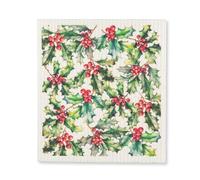 Abbott Collection Holly & Berries Swedish Dishcloth - Cellulose/Cotton, Ivory/Green (6.75x8 inches L)