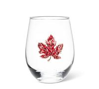 Abbott Collection Stemless Wine Glass with Jewel Maple Leaf - Glass/Metal, Clear/Red, 4.5 inches H (16oz)