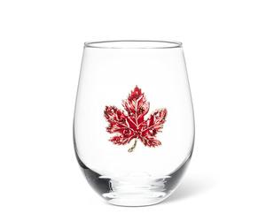 Abbott Collection Stemless Wine Glass with Jewel Maple Leaf - Glass/Metal, Clear/Red, 4.5 inches H (16oz)
