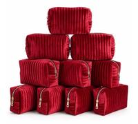Abbylike 10 Pcs Velvet Makeup Bag Quilted Striped, Claret, Classic | Soft Cosmetic Pouches, Cute Makeup Bag, Travel Favors, Zipper Closure, Party Gift for Women
