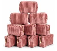 Abbylike 10 Pcs Velvet Makeup Bag Quilted Striped, Dusty Pink, Classic | Soft Cosmetic Pouches, Cute Makeup Bag, Travel Favors, Zipper Closure, Party Gift for Women