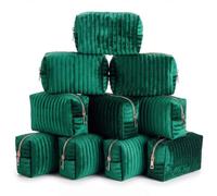 Abbylike 10 Pcs Velvet Makeup Bag Quilted Striped, Forest Green | Soft Cosmetic Pouches, Cute Makeup Bag, Travel Favors, Zipper Closure, Party Gift for Women