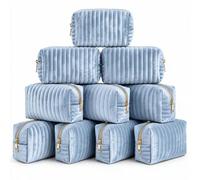 Abbylike 10 Pcs Velvet Makeup Bag Quilted Striped, Haze Blue, Classic | Soft Cosmetic Pouches, Cute Makeup Bag, Travel Favors, Zipper Closure, Party Gift for Women