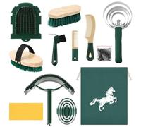 Abbylike 12 Pieces Horse Grooming Kit Equine Care Brushes, Khaki and Green | Hoof Pick Sweat Scraper Comb Shedding Tool Sponge Bag, Show Supplies Tack Room Equestrian Massaging Cleaning Competition