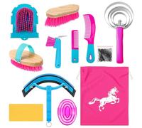 Abbylike 12 Pieces Horse Grooming Kit Racing Festival Tack Room Supplies Horse Brush Sets Equine Care Cleaning Kit Shedding Grooming Massaging Tools(Rose Red)
