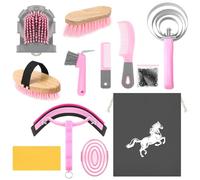 Abbylike 12 Pieces Horse Grooming Kit Racing Festival Tack Room Supplies Horse Brush Sets Equine Care Cleaning Kit Shedding Grooming Massaging Tools(Pink and Grey)
