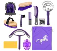 Abbylike 12 Pieces Horse Grooming Kit Racing Festival Tack Room Supplies Horse Brush Sets Equine Care Cleaning Kit Shedding Grooming Massaging Tools(Gray and Purple)