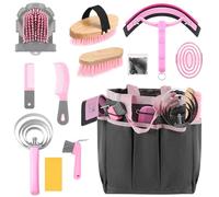 Abbylike 12 Pieces Horse Grooming Kit Tack Room Supplies Horse Brush Sets Equine Care Cleaning Kit Shedding Grooming Massaging Tools with Bag(Pink and Grey)