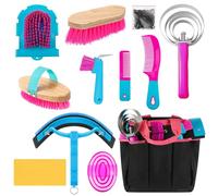 Abbylike 12 Pieces Horse Grooming Kit with Organizer Tote Bag Tack Room Supplies Horse Brush Sets Equine Care Cleaning Kit Shedding Grooming Massaging Tools(Rose Red)