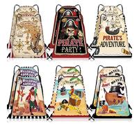 Abbylike 12 Pirate Party Favor Bags Pirate Drawstring Bag Pirate Goodie Bags Treasure Map Polyester Drawstring Backpack, As Pictures Show, 11.81 x 9.84 inches, Pirate