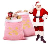 Abbylike 2 Pcs Christmas Jumbo Santa Gift Sacks Velvet Drawstring, Pink | Extra Large 27x40 for Oversized Presents, Reindeer Snowflake Gold Print Design, Velvet Holiday Party Decor, Reusable Closure