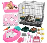 Abbylike 22 Pcs Rabbit Starter Kit with Cage, Rabbit Grooming Kit Bunny Cage Set with Bed, Litter Box, Water Bottle, Feeders, Toys, Grooming Cleaning Supplies for Indoor Rabbits Small Pets(Pink)