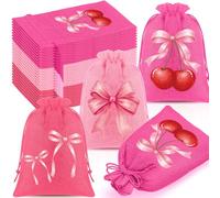 Abbylike 24 Pcs Cherry Bow Burlap Gift Bags 5 x 7 Inch Cherry Bow Pink Red Drawstring Bags Bulk for Candy Treat Party Favors, Summer Wedding Ocean Beach Tropical Party Decor Supplies