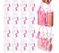 Abbylike 24 Pcs Purple Ribbon Awareness Gift Bags with Handles Clear Cancer Awareness Epilepsy Foundation Treat Bag Ribbon Pins Wrap Decoration for Domestic Violence Alzheimers Disease Event (Pink)