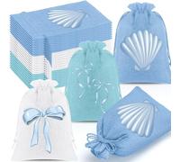 Abbylike 24 Pcs Shell Bow Burlap Gift Bags 5 x 7 Inch Shell Bow Light Blue White Drawstring Bags Bulk for Candy Treat Party Favors, Summer Wedding Ocean Beach Tropical Party Decor Supplies