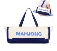Abbylike 28x9 Inches Mahjong Bag for Rolled Mat Tiles Racks Pushers Accessories Empty Mahjong Tote Bag with Zipper Closure Outer Pockets Lining Large Capacity(Beige&Navy Blue,Canvas)