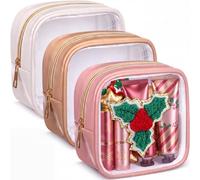 Abbylike 3 Pcs Mini Clear Makeup Bag Travel Cosmetic Case Transparent Toiletry Bag with Zipper Waterproof Travel Toiletry Bags for Women and Girls, Fragrant Powder,Oak Brown,Milky White