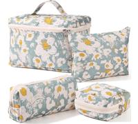 Abbylike 4 Pcs Quilted Floral Cosmetic Bags for Women Included Makeup Bag Rectangular Storage Pouch Sanitary Pad Organizer and Toiletry Bag for Travel and Daily Use, Blue, L, Frangipani